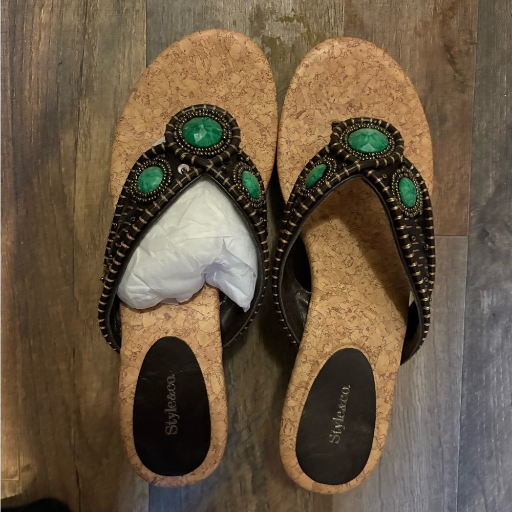 Women's Black and Green Sandals